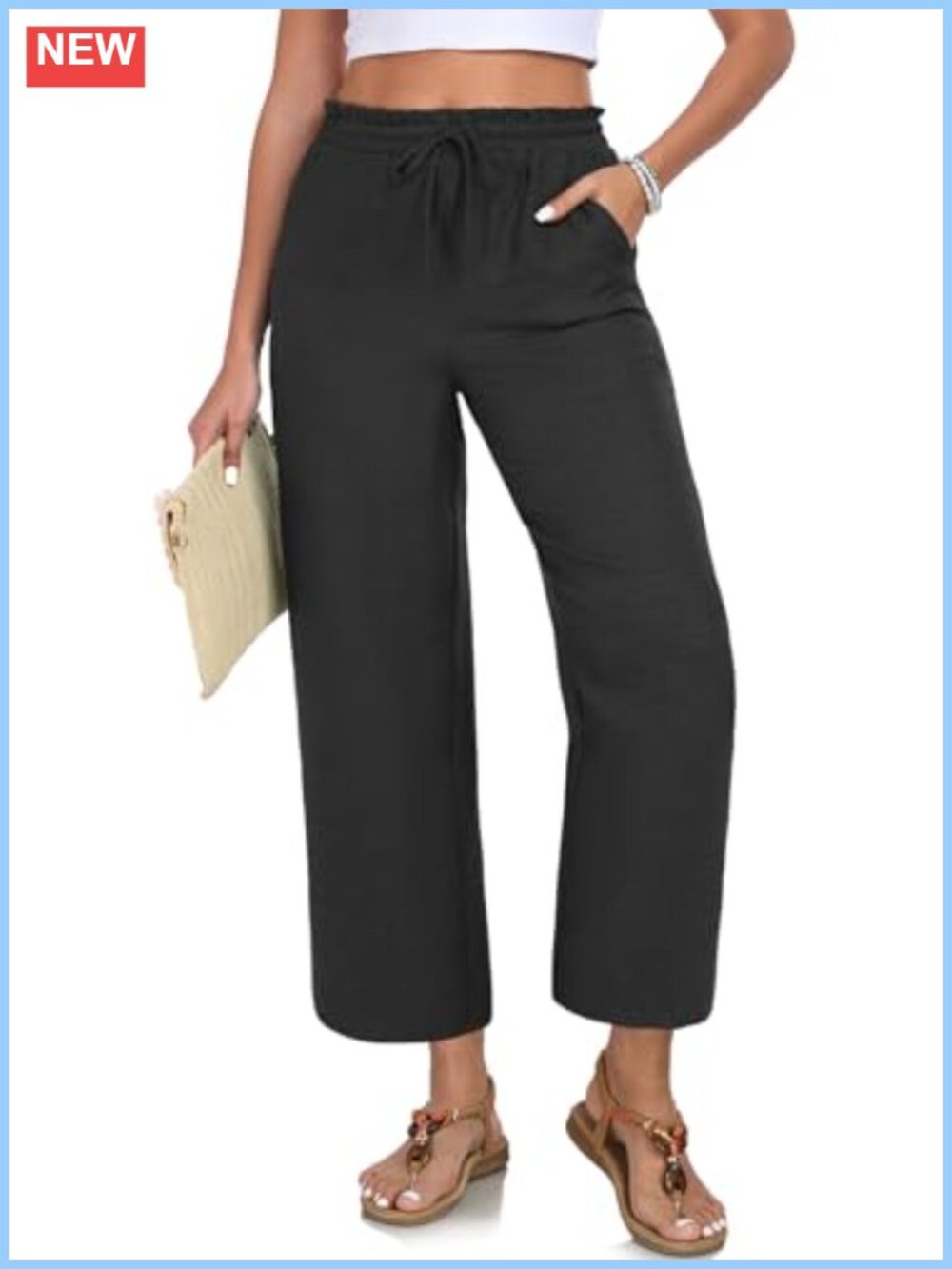 Women High Waist Cropped Palazzo Pants Drawstring Elastic Waist with Pockets